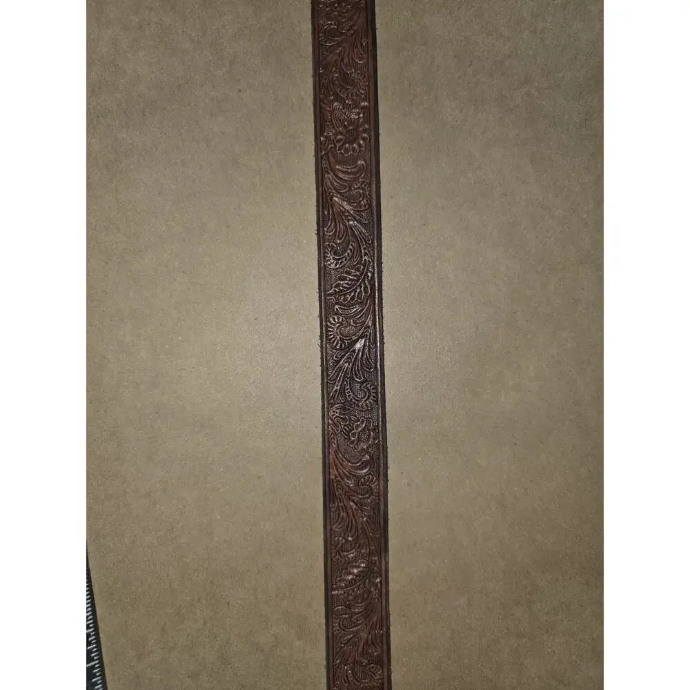 vintage TOOLED buckle belt WESTERN leather 46 brown COWHIDE floral cowboy rodeo